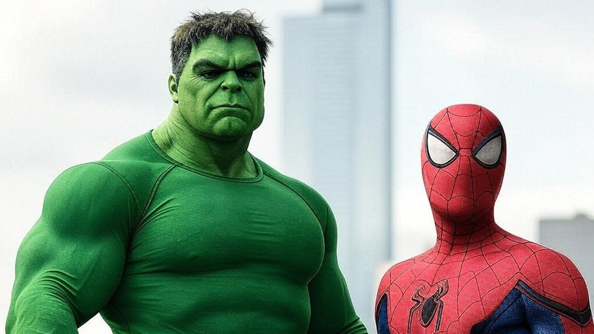 imagen de Hombre verde musculoso junto a sorprendente hombre araña