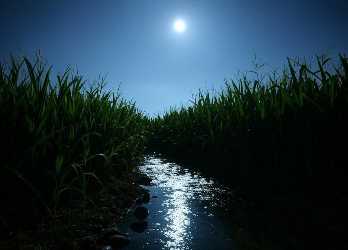 Imagen que muestra la magia de la luna en un sembrío de maíz